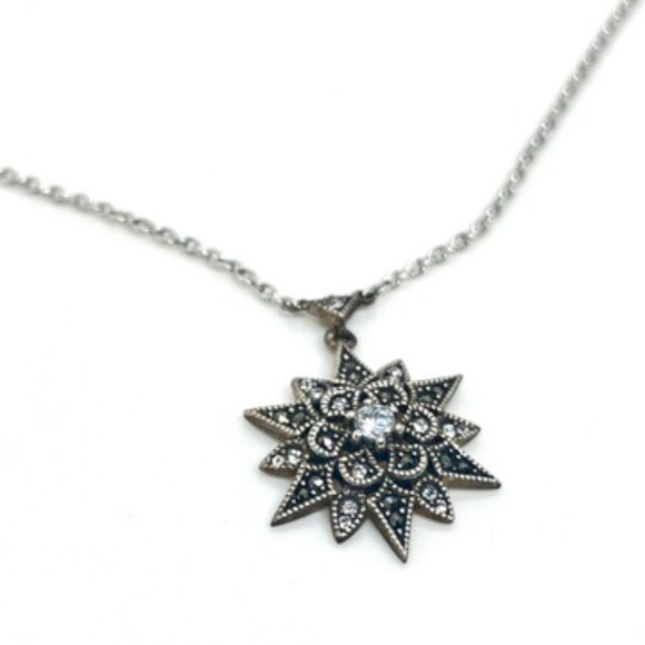 JUDITH JACK 925 MARCASITE STARBURST NECKLACE STERLING SILVER CZ SUN PENDANT - Picture 8 of 16